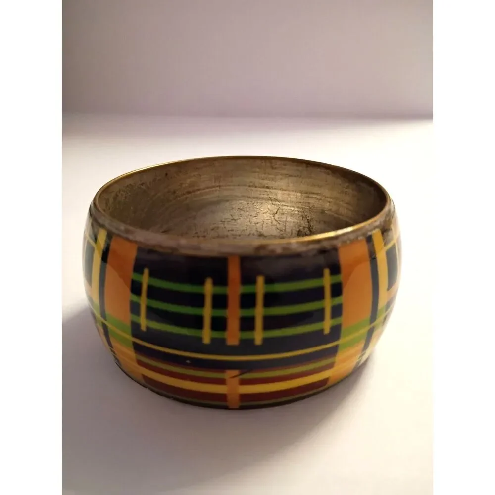 Vintage Abstract Tartan Plaid Bangle Metallic Bracelet Yellow, Green and Black